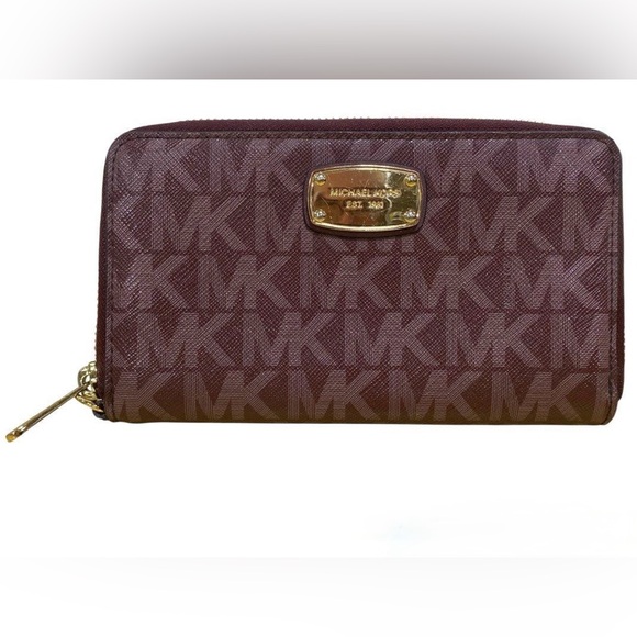 Michael Kors Wine Signature Canvas Zip Around Wallet - Picture 1 of 10